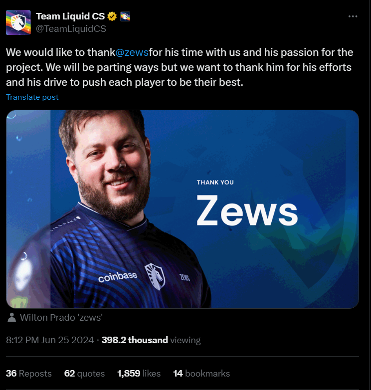 zews также покидает состав Liquid по Counter-Strike — изображение 3