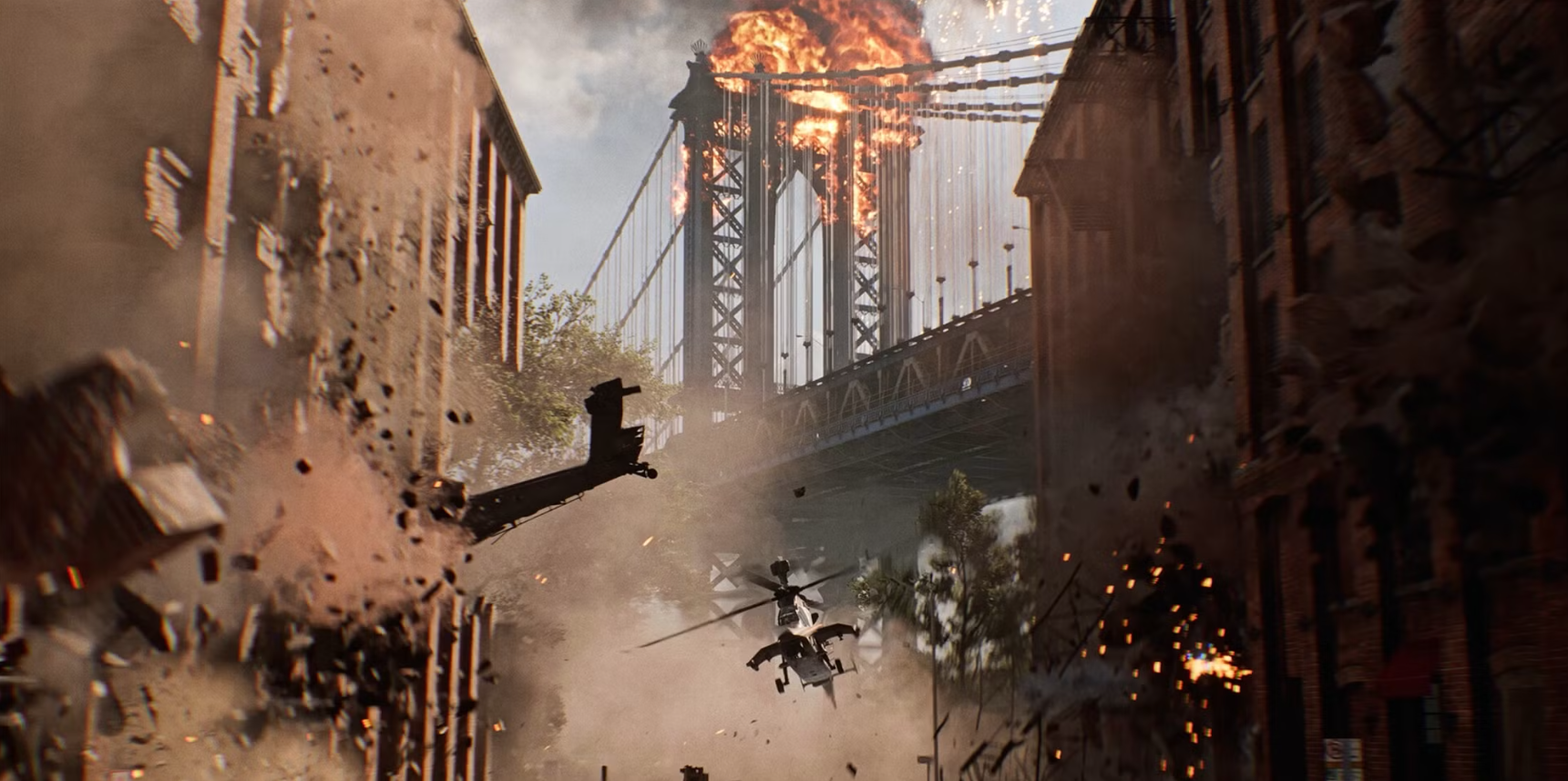 Персонаж солдата в темно-сером и черном городском камуфляже, стоящий в разрушенном городском пейзаже.