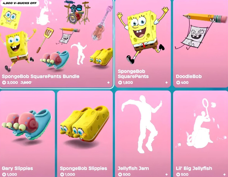 Коллаборация Fortnite и Nickelodeon 2025: скины и цены на наборы Спанч Боба Квадратные Штаны — изображение 2