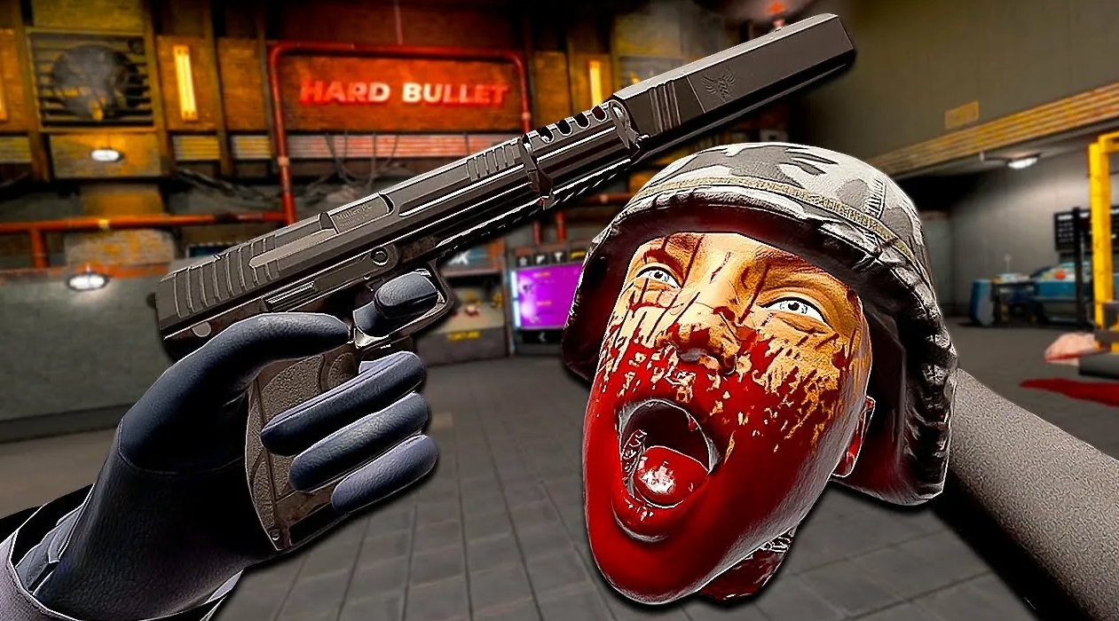 Крупный план пистолета и головы врага в Hard Bullet VR с реалистичной физикой и кровавыми эффектами