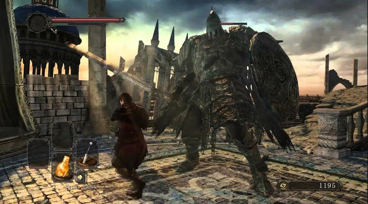 Бой с боссом в Dark Souls 2: крупный рыцарь в доспехах в разрушенном замке