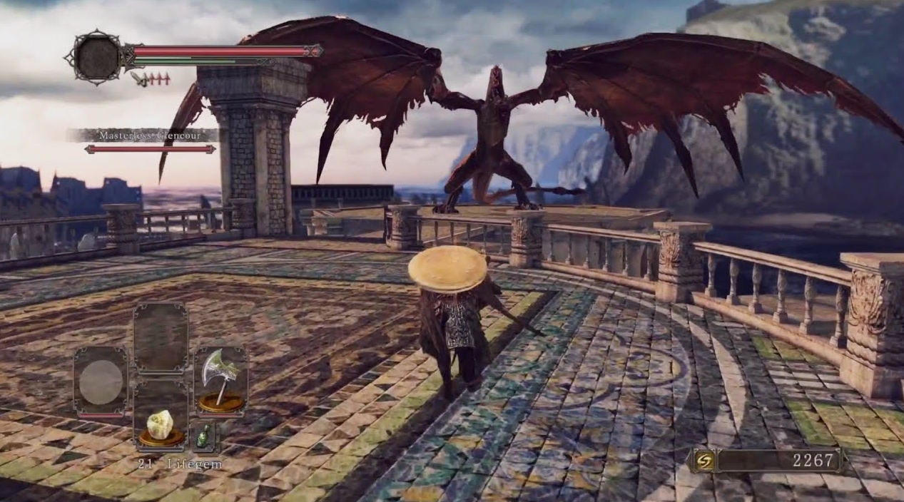 Сражение с драконом-боссом в Dark Souls 2 на крыше арены у моря