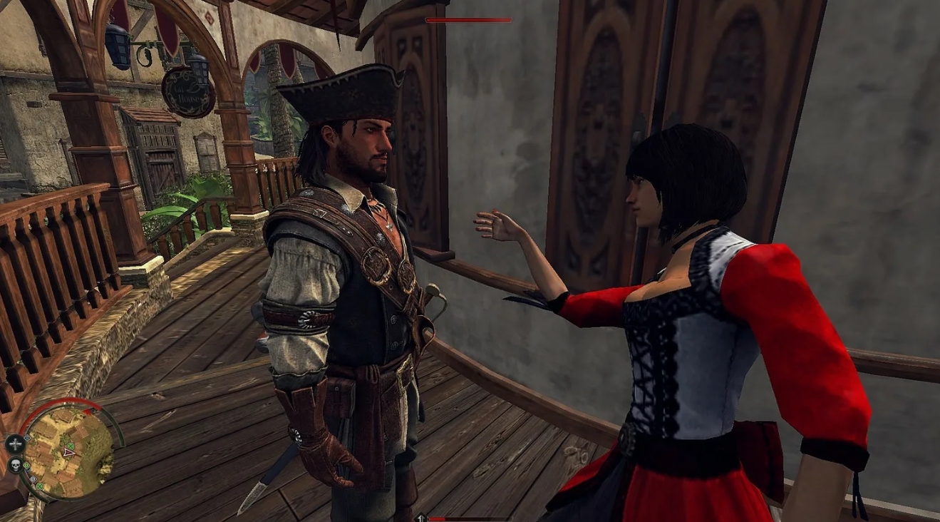 Диалоговая сцена между пиратом и женщиной в колониальном здании в Vendetta Curse of Raven's Cry