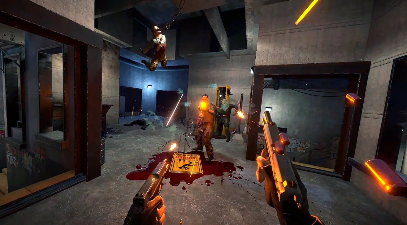 Перестрелка с двумя пистолетами в Hard Bullet VR с несколькими врагами в индустриальном интерьере