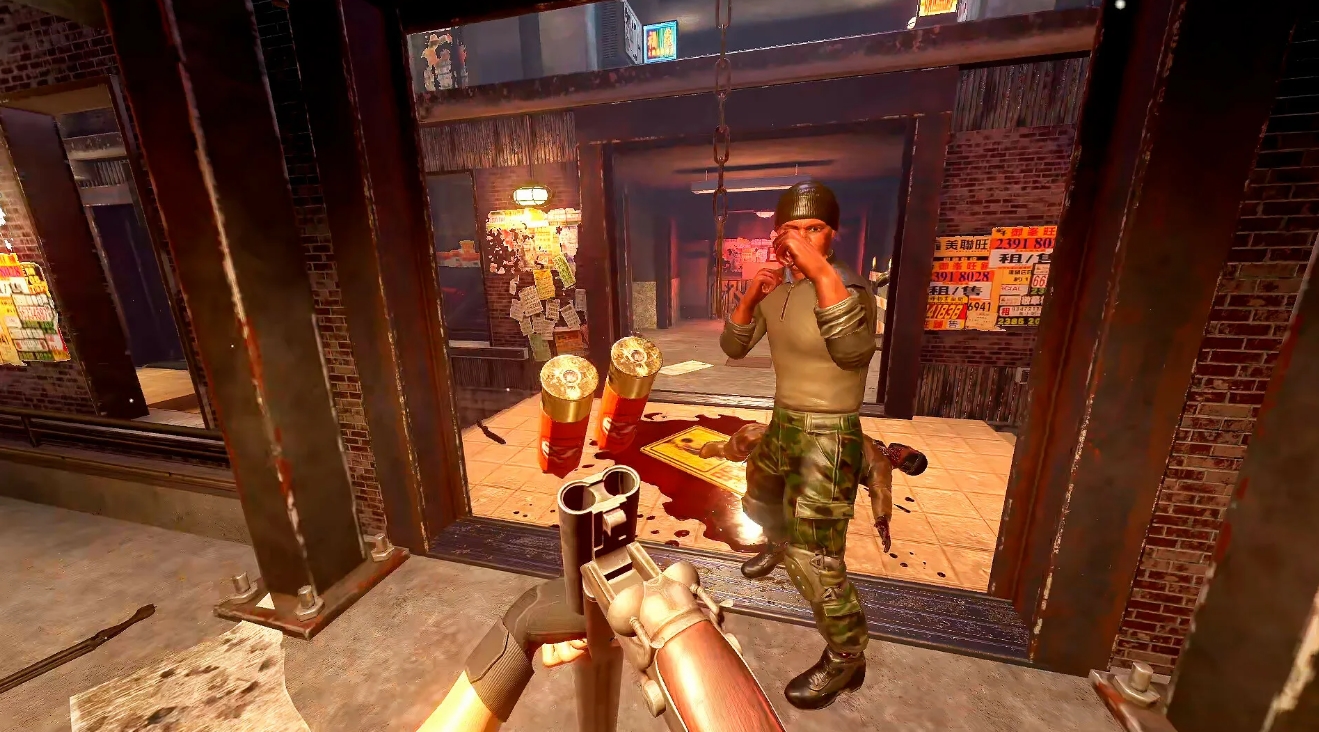 Боевая сцена от первого лица в Hard Bullet VR с дробовиком, направленным на врага в неоновом здании