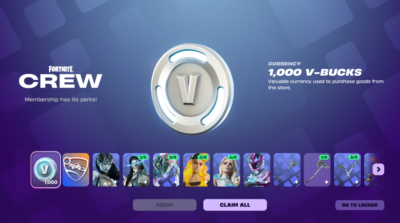 Экран смены V-баксов в Fortnite Crew на 2026 год