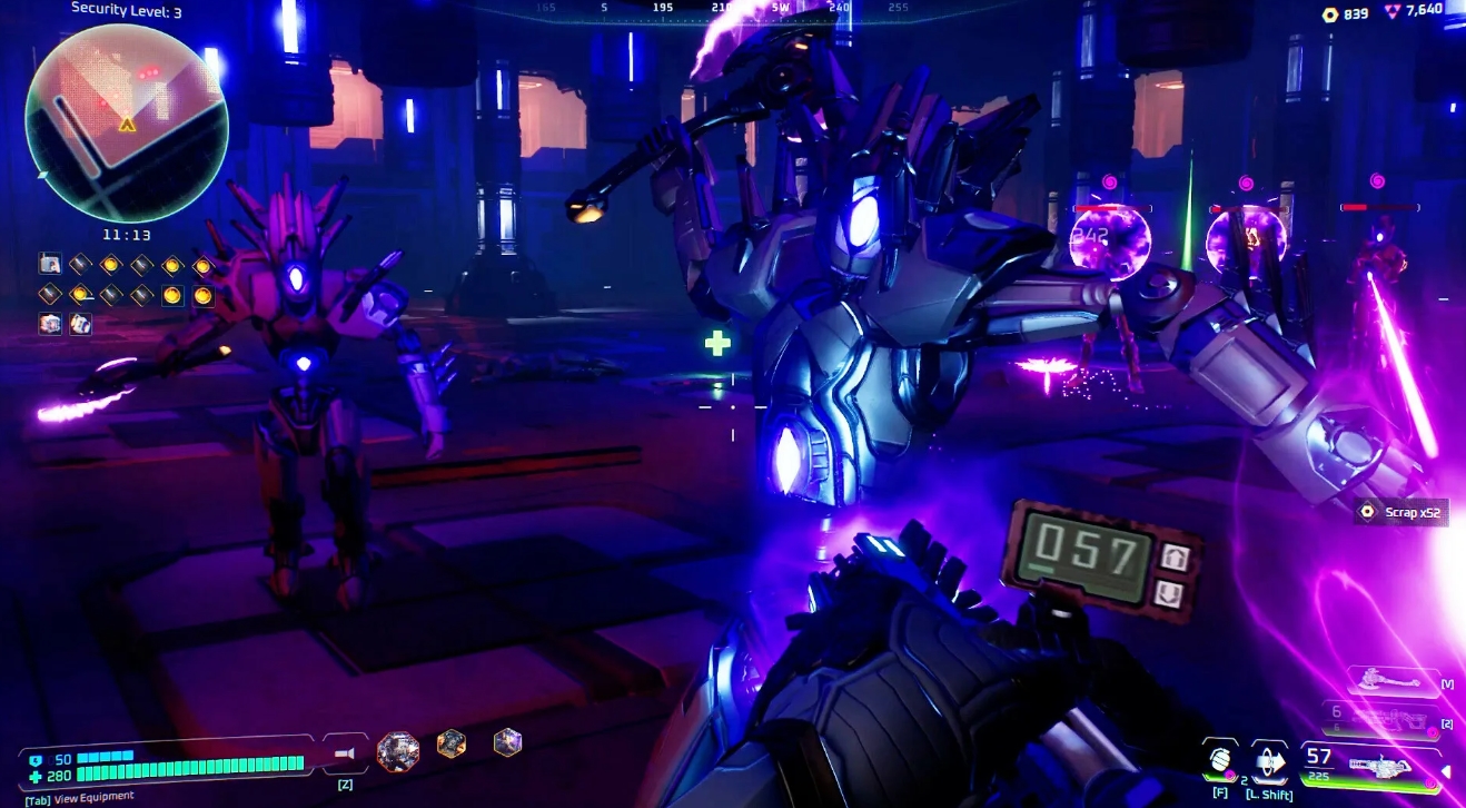 Напряжённая перестрелка с футуристическими роботами с светящимся оружием в неоновой sci-fi-комнате