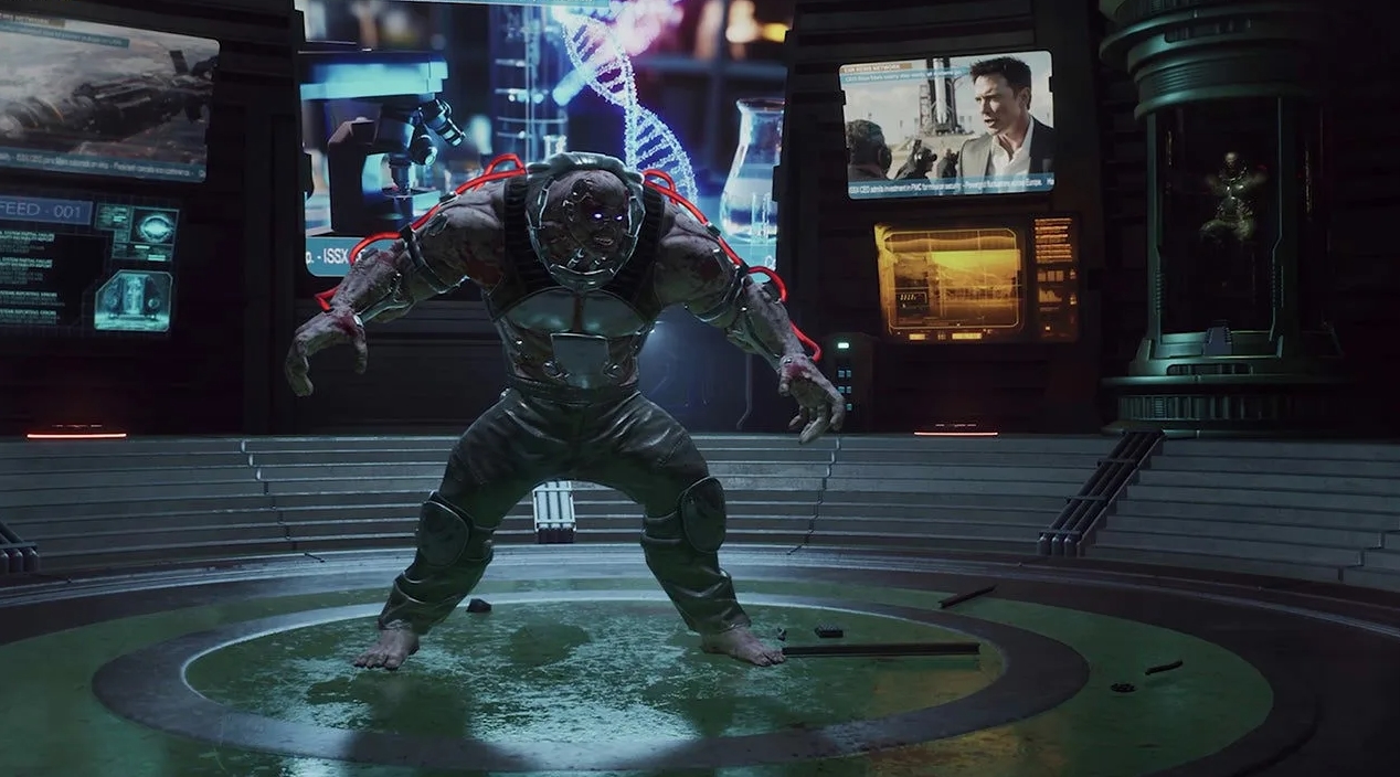 Мутировавший гуманоид-босс в высокотехнологичной лаборатории, окружённой экранами и научным оборудованием