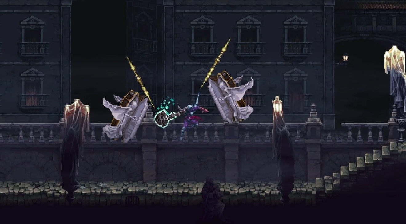 Кающийся сражается с бронированными врагами со щитами на тёмном готическом мосту