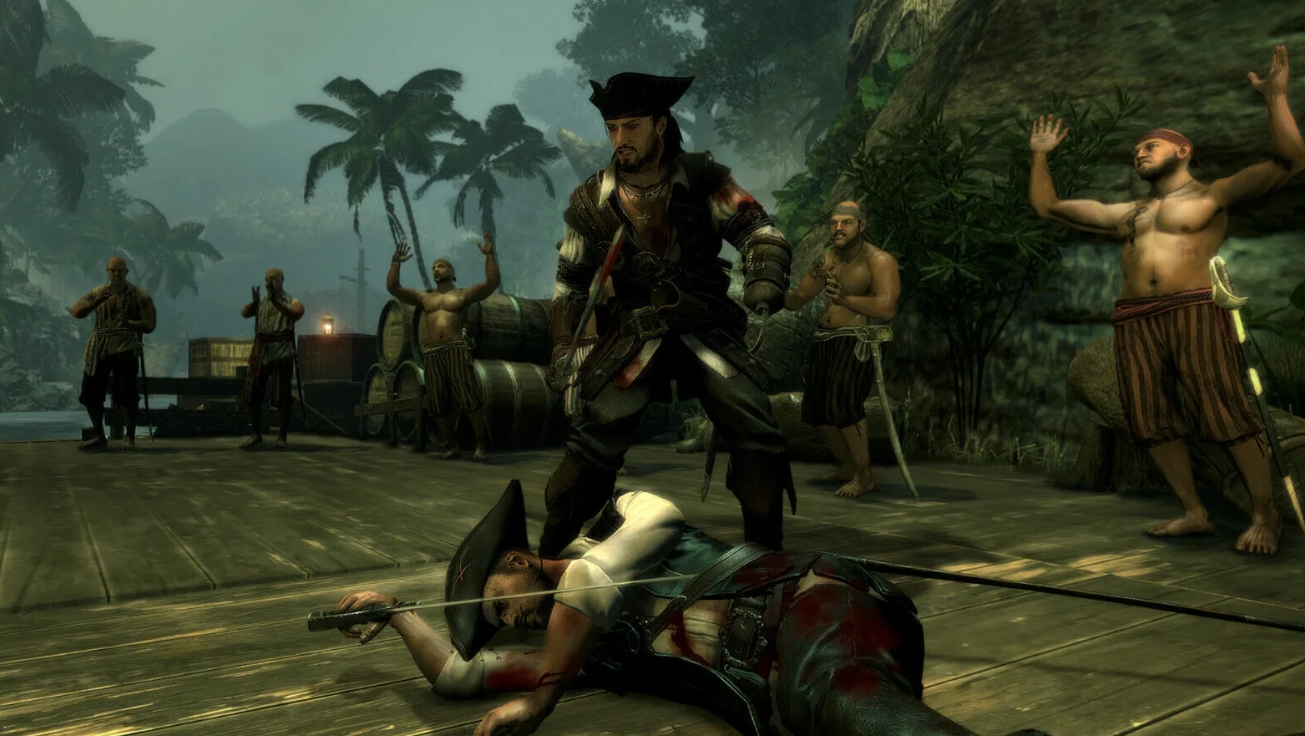 Сцена пиратской дуэли с боем на мечах на тропическом причале в Vendetta Curse of Raven's Cry