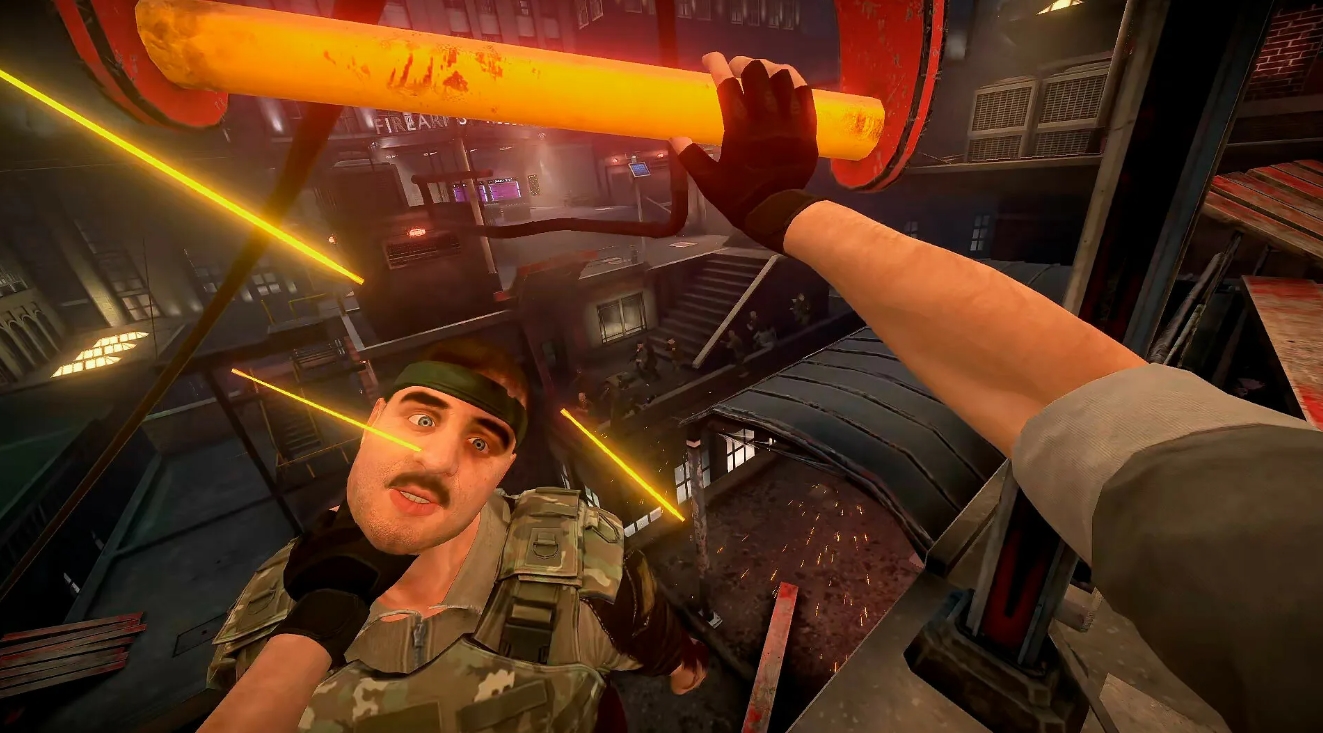 Игрок атакует врага светящимся оружием в Hard Bullet VR во время напряжённого боя на крыше